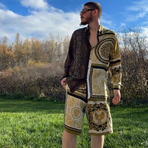 $3500 (SET) Versace Barocco Lions Cup Snake Skin Double Print Shirt and Shorts!